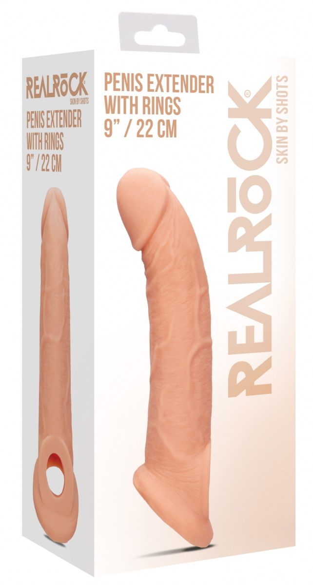 Телесная насадка с кольцом Penis Extender with Rings - 22 см.