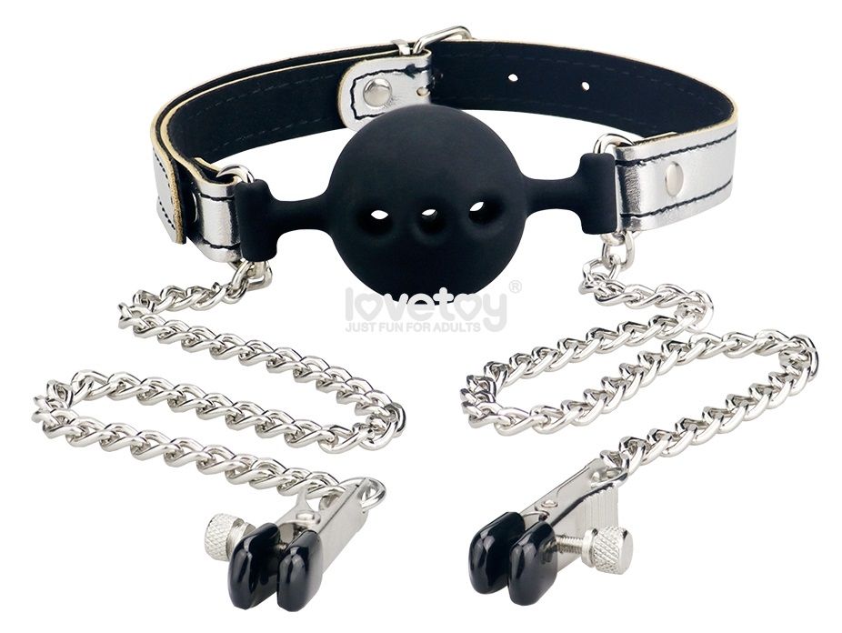 Серебристо-черный кляп с зажимами на соски Breathable Ball Gag With Nipple Clamp