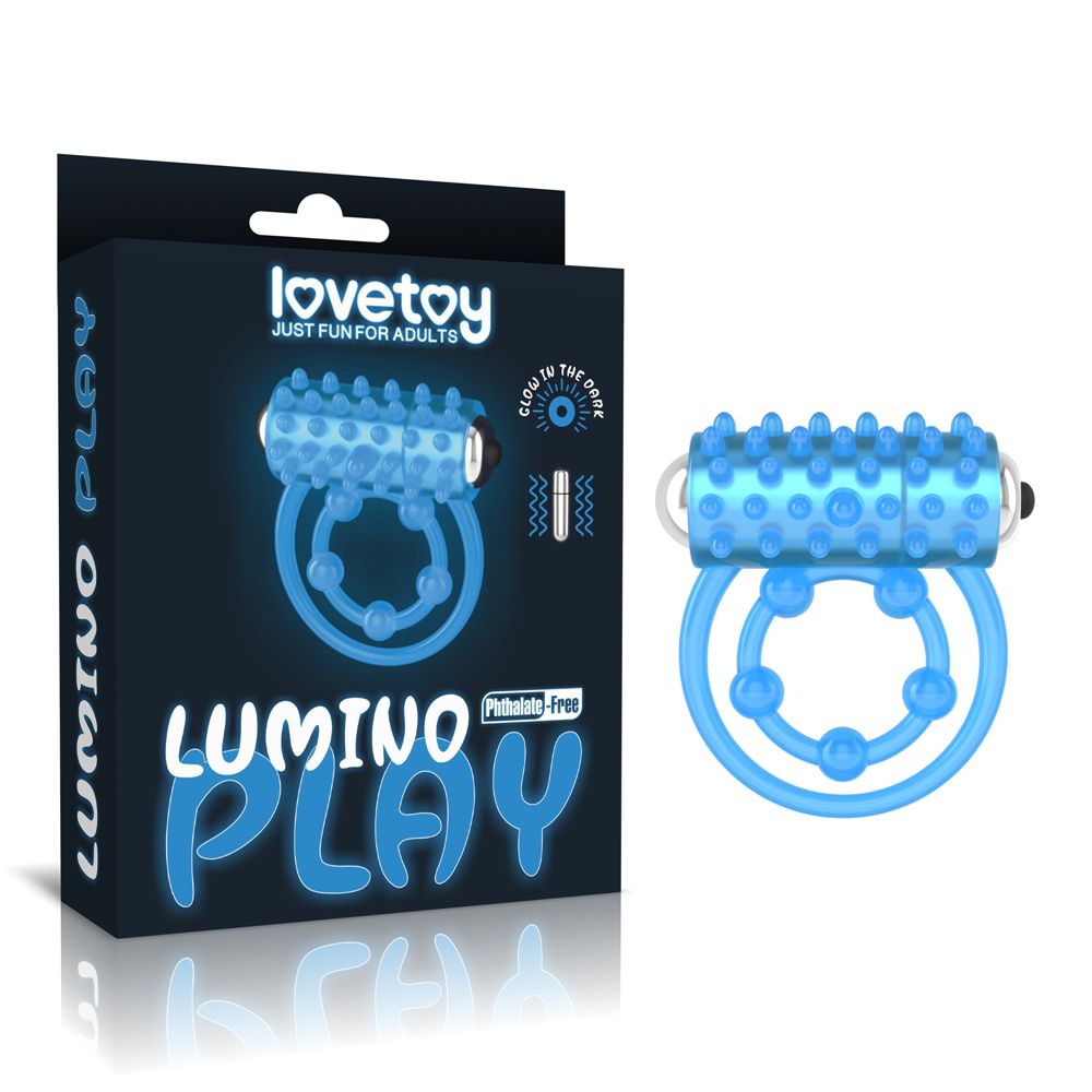 Голубое, светящееся в темноте виброкольцо Lumino Play Vibrating Penis Ring