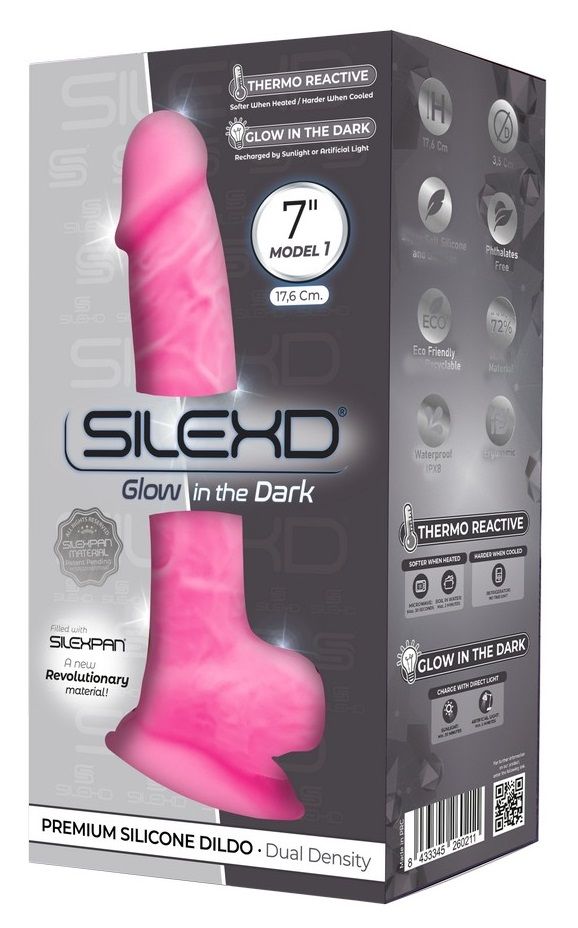 Розовый, светящийся в темноте фаллоимитатор Model 1  - 17,6 см.