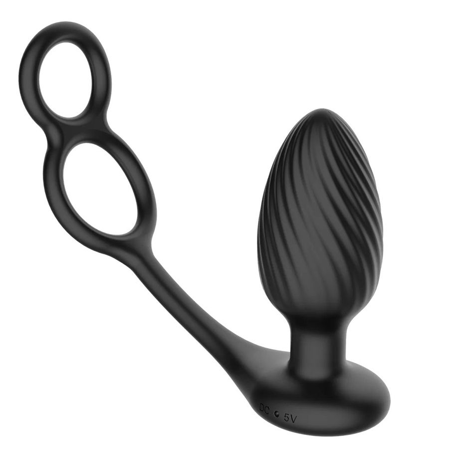 Черная анальная вибровтулка Tornado with Cock   Ball Rings с эрекционными кольцами