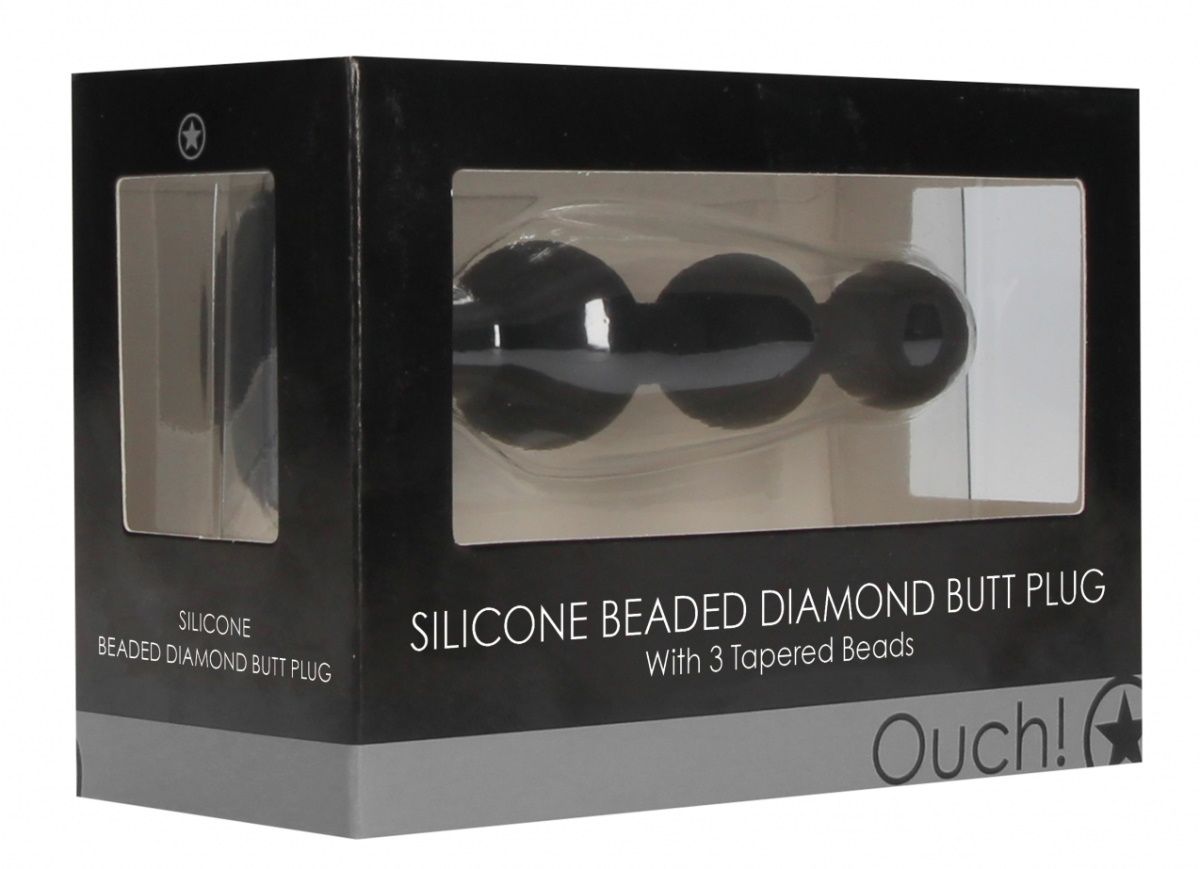 Черная анальная елочка с прозрачным стразом Beaded Diamond Butt Plug - 11,4 см.